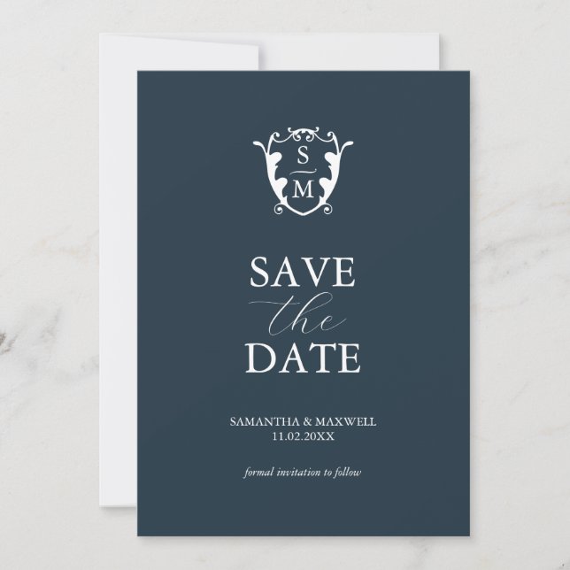 Simple Monogram Blue Save The Date (Front)