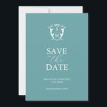 Simple Monogram Blue Save The Date<br><div class="desc">Announce your engagement with this modern save the date card. It features a mix of classic and script typography in white over a solid turquoise blue background. Enter the bride and groom's monogram in the centre of a crest. All the colours can be customised to suite your wedding colour palette....</div>