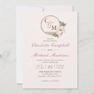 Simple Monogram Blush Pink Peony Wedding Invitation