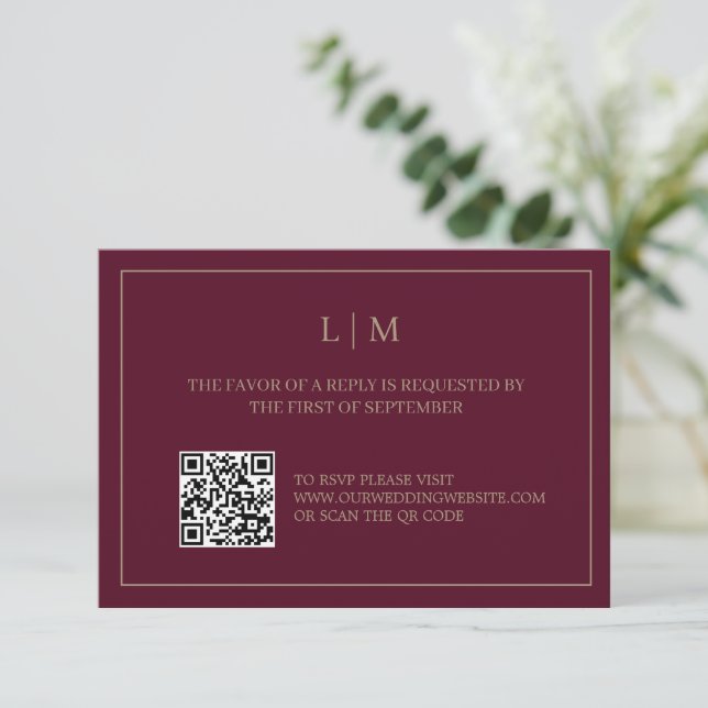 Simple Monogram Burgundy QRCode Wedding RSVP Card (Standing Front)