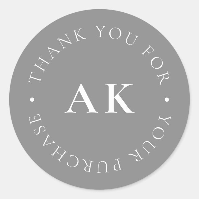 Simple Monogram Business Packaging Thank You Grey Classic Round Sticker (Front)