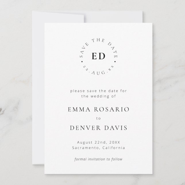 Simple Monogram Circle Modern Minimalist Font Save The Date (Front)