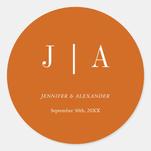 Simple Monogram Couple Name Burnt Orange And White Classic Round Sticker (Front)
