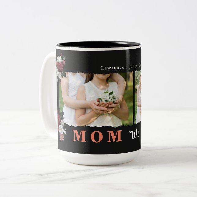 Simple Monogram Custom Photo Collage Mother Family Two-Tone Coffee Mug (Front Left)