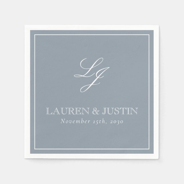 Simple Monogram Dusty Blue Elegant Script Wedding Napkin (Front)