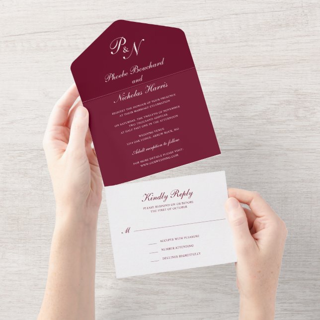Simple Monogram Elegant Burgundy Wedding All In One Invitation (Tearaway)