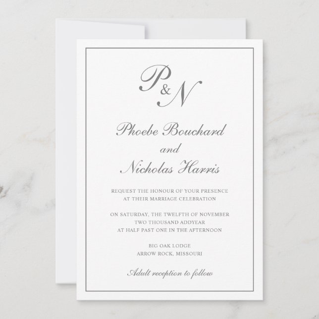 Simple Monogram Elegant Grey All In One Wedding Invitation (Front)