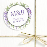 Simple Monogram Elegant Purple Floral Wedding Classic Round Sticker<br><div class="desc">Simple Thank You Monogram Elegant Purple Wedding Stickers Labels features your personalised monogram in modern purple calligraphy script typography surrounded by elegant wisteria flowers. Perfect for weddings,  engagement parties,  anniversay,  birthday,  events and celebrations,  Quinceanera,  baby shower,  bridal showers and more. Designed by Evco Studio www.zazzle.com/store/evcostudio</div>