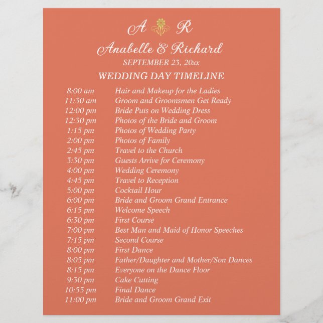 Simple Monogram Elegant Wedding Timeline Flyer (Front)