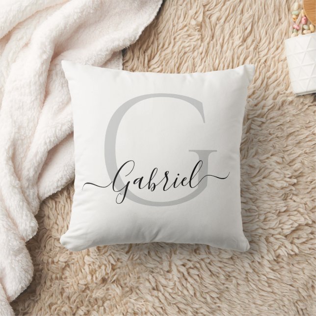 Simple Monogram Elegant White Black  Cushion (Blanket)