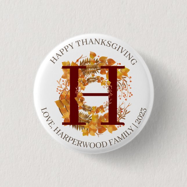 Simple Monogram Fall Harvest Happy Thanksgiving 3 Cm Round Badge (Front)