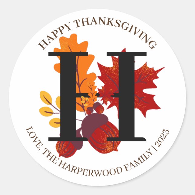 Simple Monogram Fall Harvest Happy Thanksgiving Classic Round Sticker (Front)