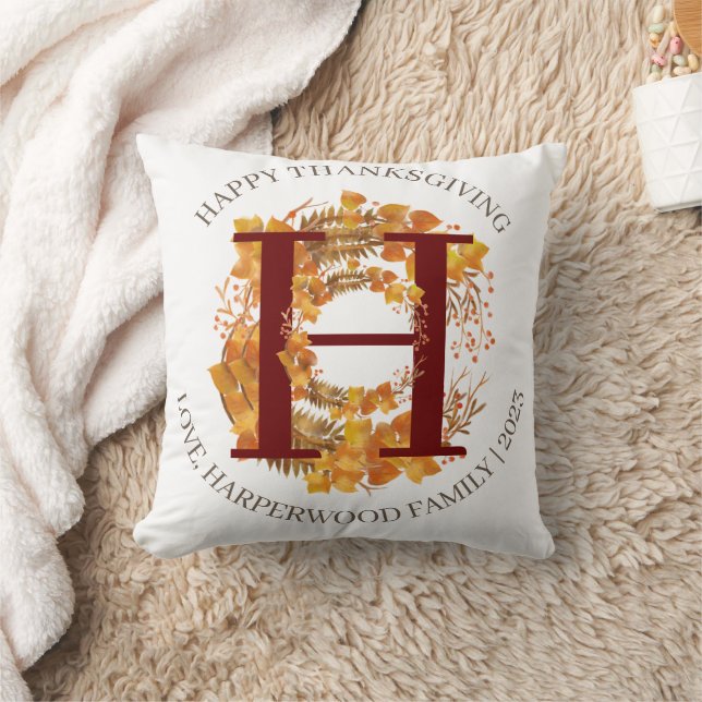 Simple Monogram Fall Harvest Happy Thanksgiving Cushion (Blanket)