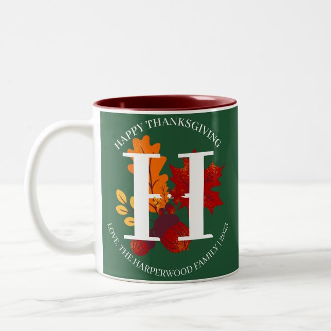 Simple Monogram Fall Harvest Happy Thanksgiving Two-Tone Coffee Mug (Left)