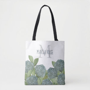 Simple Monogram Floral Blue Hydrangea Flower Tote Bag