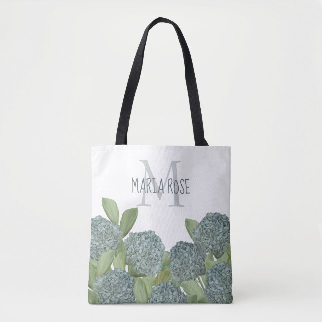 Simple Monogram Floral Blue Hydrangea Flower Tote Bag (Front)