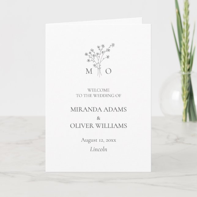 Simple monogram floral bouquet wedding programme  (Front)