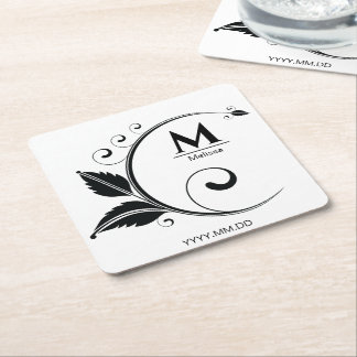 Simple Monogram Floral Stylish Square Paper Coaster