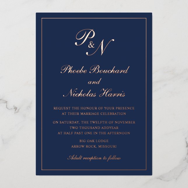 Simple Monogram Formal Navy Blue Wedding Rose Gold (Front)