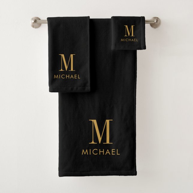 Simple Monogram Gold Black Name Bath Towel Set (Insitu)