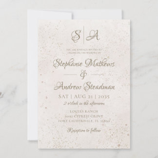 Simple Monogram Gold Ivory Beige Wedding Invitation