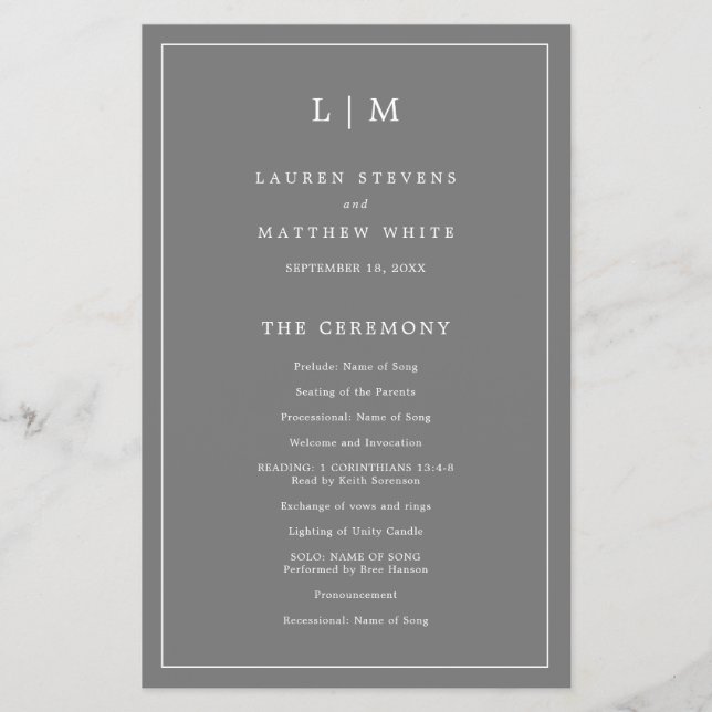 Simple Monogram Gray Budget Wedding Program Flyer (Front)