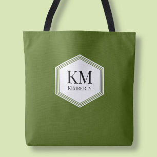 Simple Monogram Green  Modern Personalised Name Tote Bag