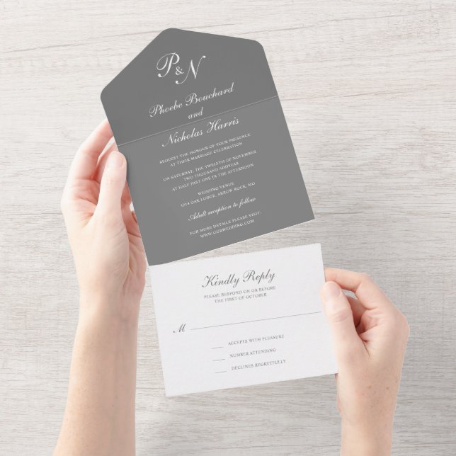 Simple Monogram Grey Elegant Wedding All In One Invitation (Tearaway)