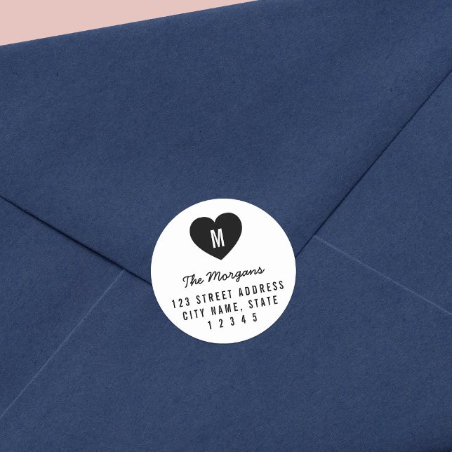 Simple Monogram Heart Family Home Address Classic Round Sticker (Creator Uploaded)