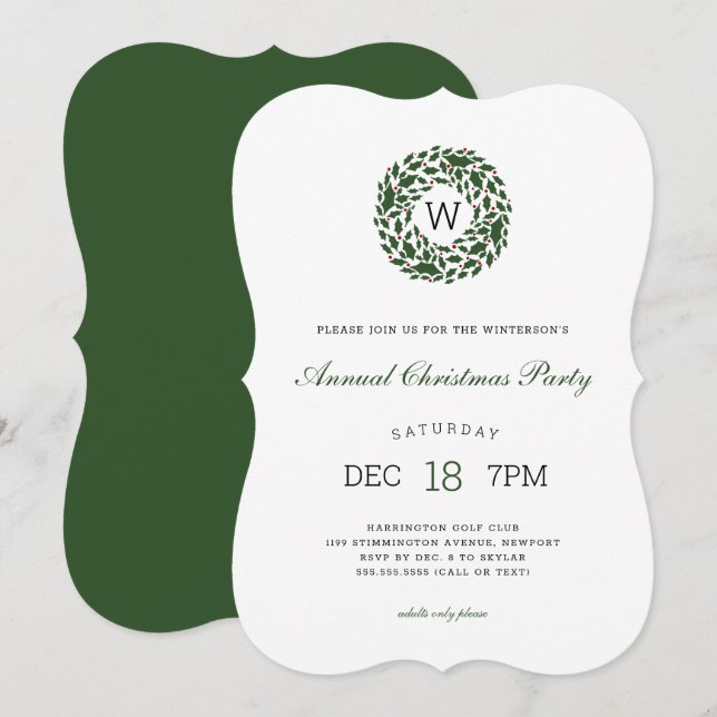 Simple monogram holly wreath Christmas Party Invitation (Front/Back)