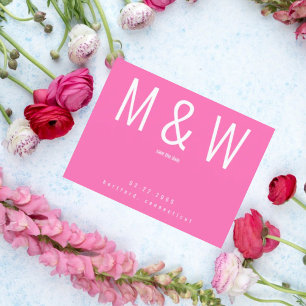 Simple Monogram Hot Pink Wedding Save the Date II Announcement Postcard