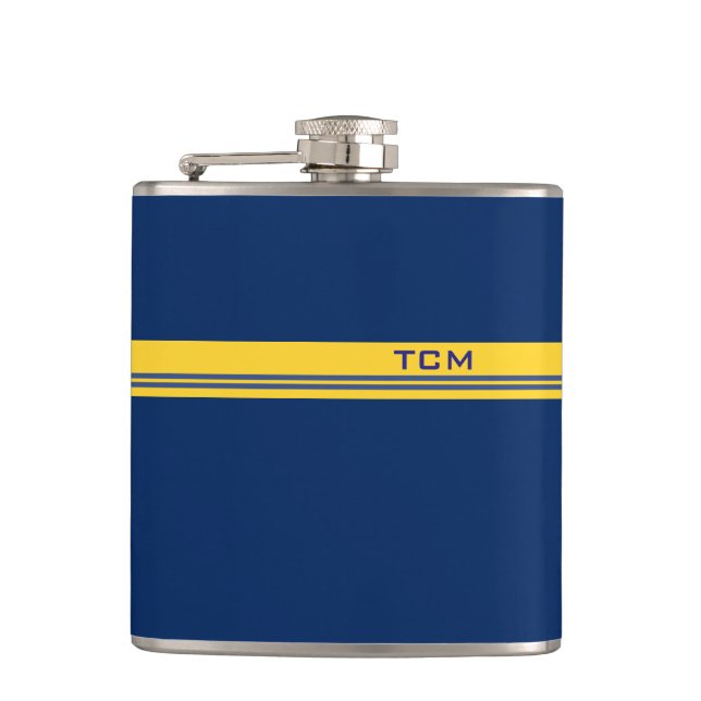 Simple Monogram in Dark Blue and Yellow Hip Flask (Front)