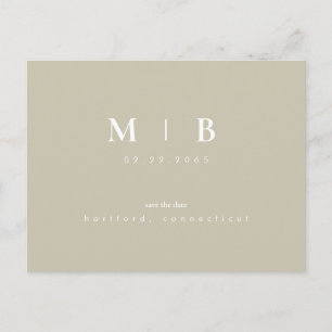 Simple Monogram Khaki Wedding Save the Date Annou Postcard
