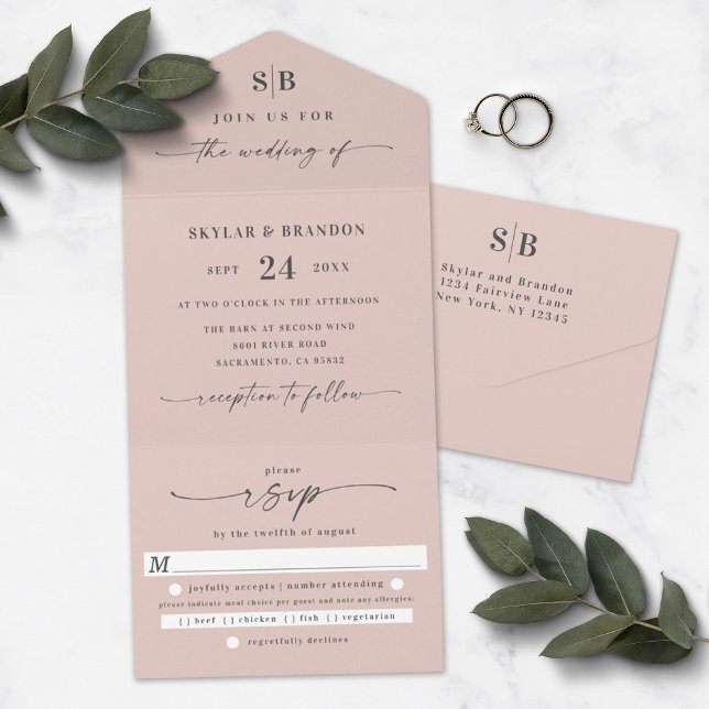 Simple Monogram Light Blush Pink Wedding All In One Invitation (Creator Uploaded)