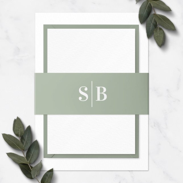 Simple Monogram Light Leaf Green Wedding Invitation Belly Band (Creator Uploaded)