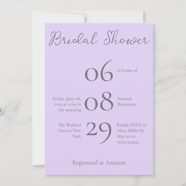 Simple Monogram Minimalist Lavender Bridal Shower Invitation (Front)