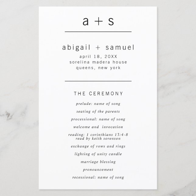 Simple Monogram Minimalist Modern Wedding Program (Front)