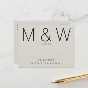 Simple Monogram Minimalist Neutral Save the Date Announcement Postcard