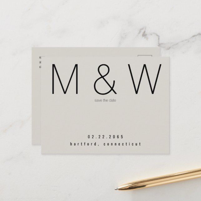 Simple Monogram Minimalist Neutral Save the Date Announcement Postcard (Front/Back In Situ)