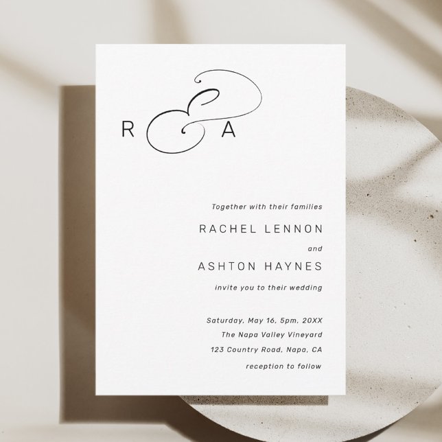 Simple Monogram Minimalist Wedding Black & White Invitation (Creator Uploaded)