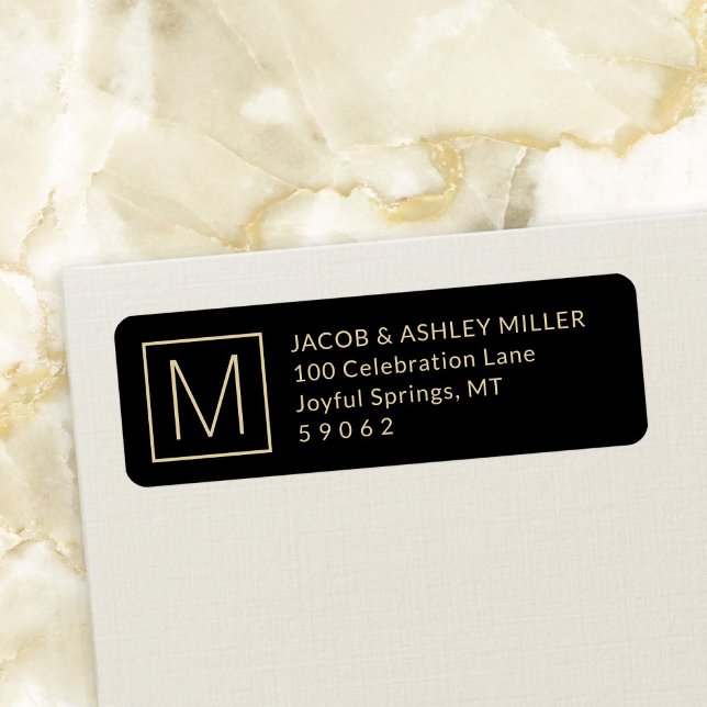Simple Monogram Modern Black & Gold Return Address (Creator Uploaded)