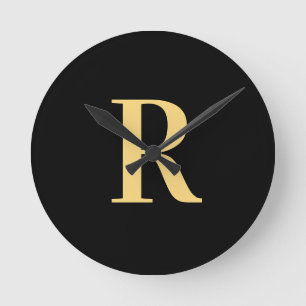 Simple Monogram Modern Black Gold Round Clock