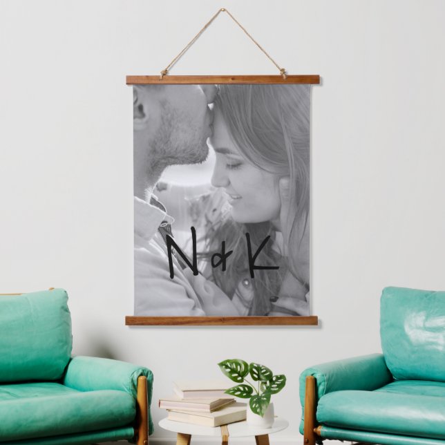 Simple Monogram Modern Newlywed Couple Photo Hanging Tapestry (Living Room)