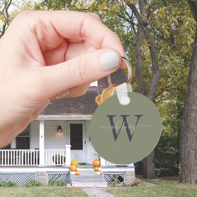 Simple Monogram Name & Initial Olive Green Key Ring (Creator Uploaded)