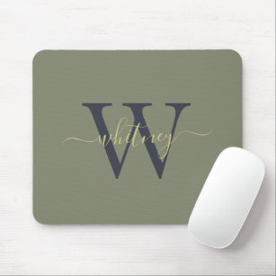 Simple Monogram Name & Initial Olive Green Mouse Mat