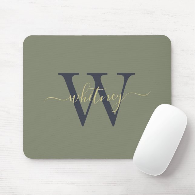 Simple Monogram Name & Initial Olive Green Mouse Mat (With Mouse)