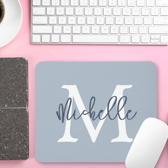 Simple Monogram Name Initial Script Dusty Blue Mouse Mat (Creator Uploaded)