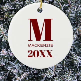 Simple Monogram Name Year Red and White Ceramic Tree Decoration