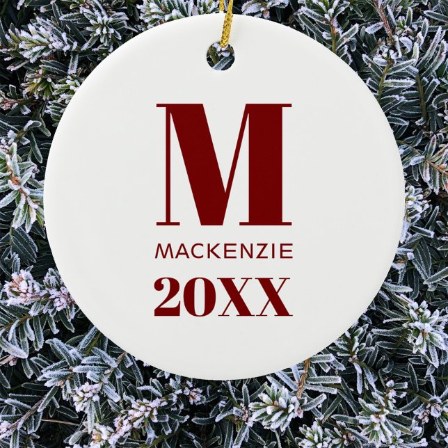 Simple Monogram Name Year Red and White Ceramic Tree Decoration (Simple modern red and white personalized monogram initial name year Christmas ornament)