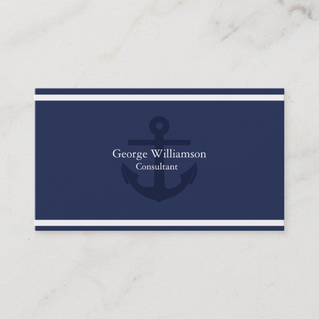 Simple Monogram Nautical Anchor Navy Blue White Business Card (Front)
